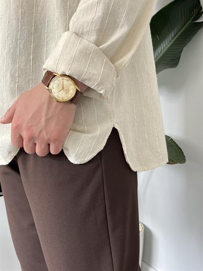 Krem Çizgi Detaylı Oversize Gömlek
