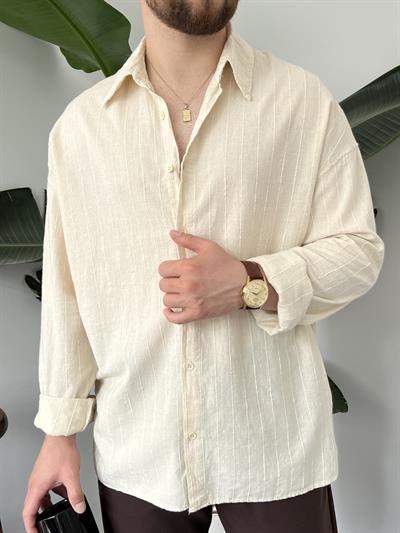 Krem Çizgi Detaylı Oversize Gömlek