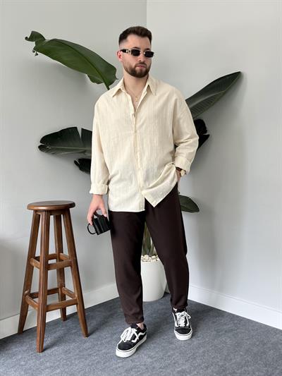 Krem Çizgi Detaylı Oversize Gömlek