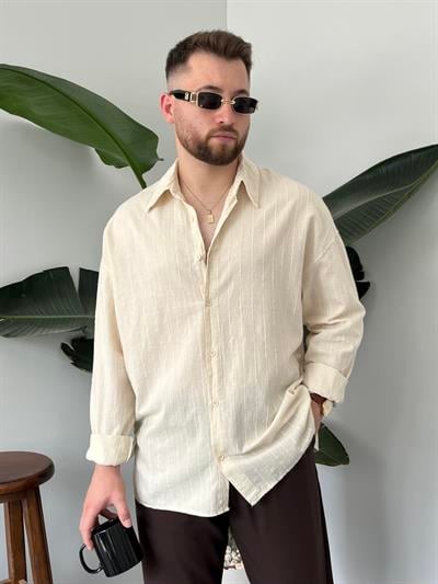 Krem Çizgi Detaylı Oversize Gömlek