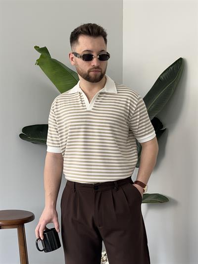 Krem Çizgili Polo Yaka Triko T-shirt