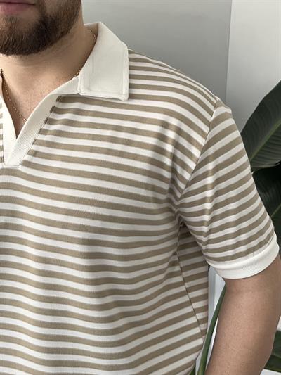 Krem Çizgili Polo Yaka Triko T-shirt