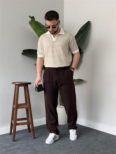 Krem Çizgili Polo Yaka Triko T-shirt