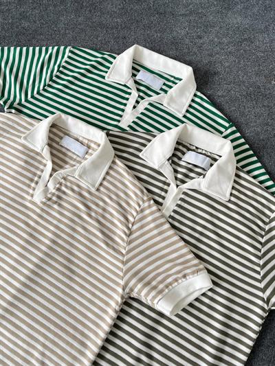 Krem Çizgili Polo Yaka Triko T-shirt