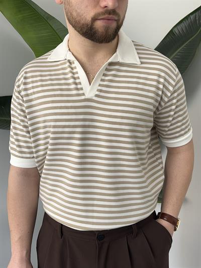 Krem Çizgili Polo Yaka Triko T-shirt
