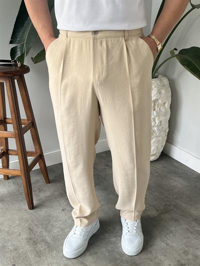 Krem Deluxe Pileli Modal Kumaş Baggy Pantolon
