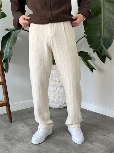 Krem Desenli Keten Baggy Pantolon