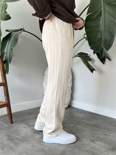 Krem Desenli Keten Baggy Pantolon