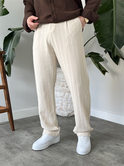 Krem Desenli Keten Baggy Pantolon