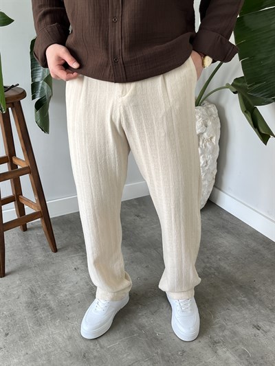 Krem Desenli Keten Baggy Pantolon