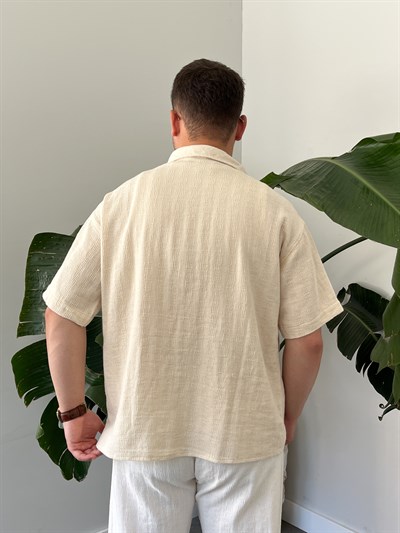 Krem Dokulu Kısa Kollu Oversize Gömlek