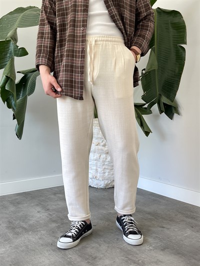 Krem Duble Paça Keten Boyfriend Pantolon