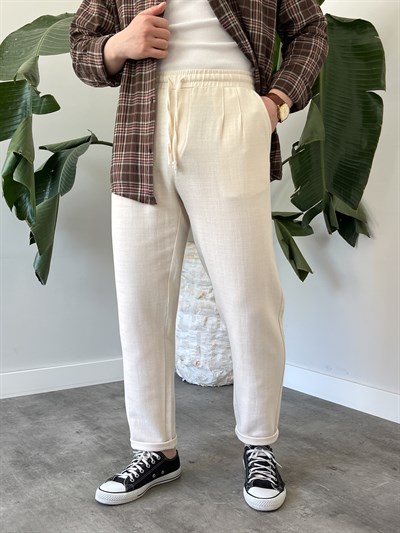 Krem Duble Paça Keten Boyfriend Pantolon