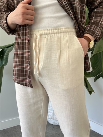 Krem Duble Paça Keten Boyfriend Pantolon