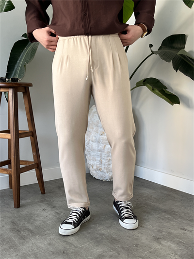 Krem Duble Paça Kumaş Jogger Pantolon
