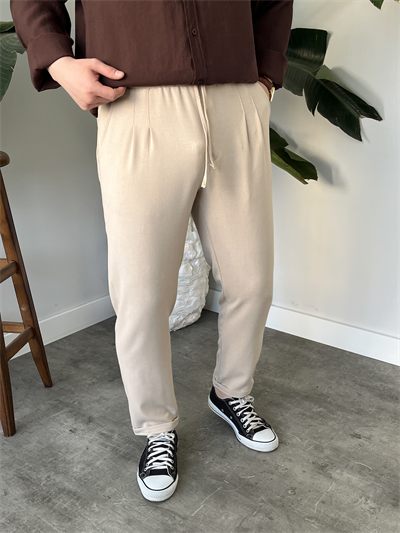 Krem Duble Paça Kumaş Jogger Pantolon