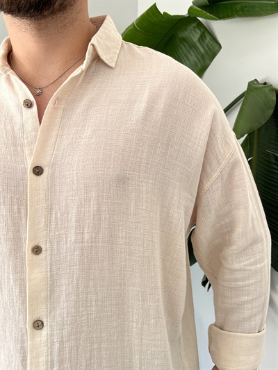 Krem Etamin Keten Oversize Gömlek