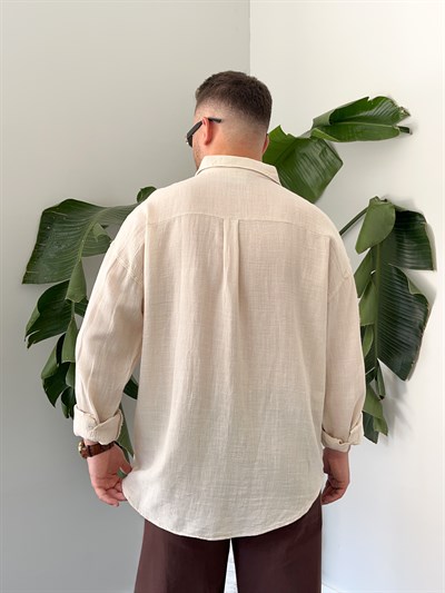 Krem Etamin Keten Oversize Gömlek