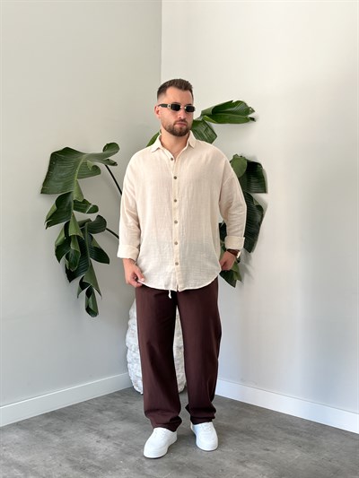 Krem Etamin Keten Oversize Gömlek