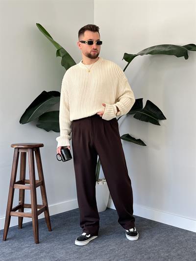 Krem Extra Dolgulu Oversize Örgü Kazak