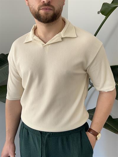 Krem Fitilli Polo Yaka T-shirt