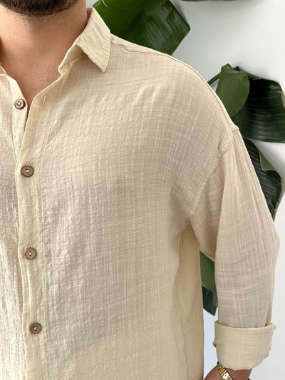 Krem Gofre Keten Oversize Gömlek