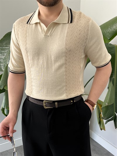 Krem İtalyan Kesim Polo Yaka Triko