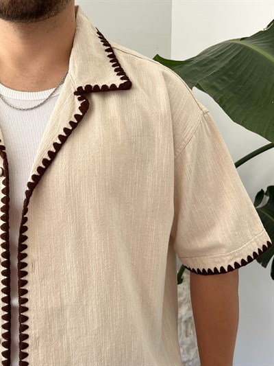 Krem Kontrast Dikiş Keten Oversize Gömlek
