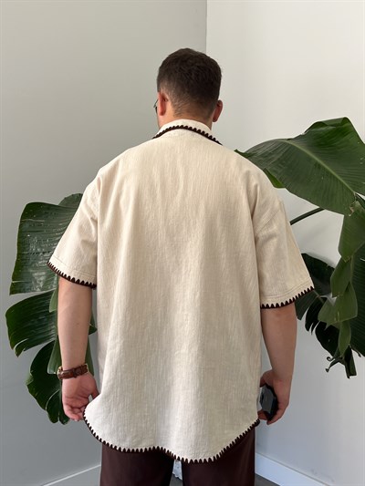 Krem Kontrast Dikiş Keten Oversize Gömlek
