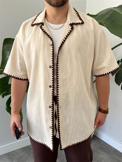 Krem Kontrast Dikiş Keten Oversize Gömlek