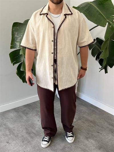 Krem Kontrast Dikiş Keten Oversize Gömlek