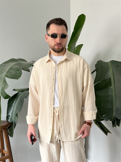 Krem Krinkıl Keten Oversize Takım