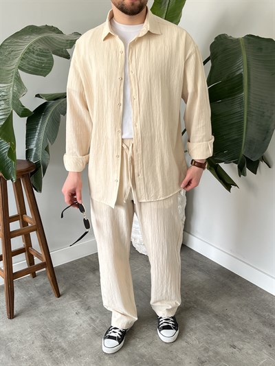Krem Krinkıl Keten Oversize Takım