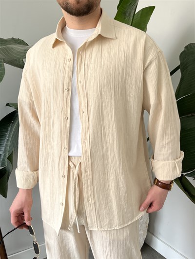 Krem Krinkıl Keten Oversize Takım