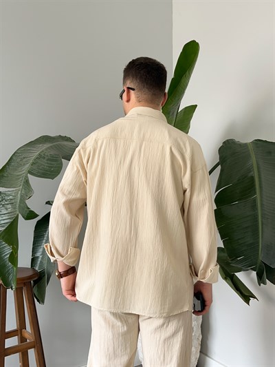 Krem Krinkıl Keten Oversize Takım