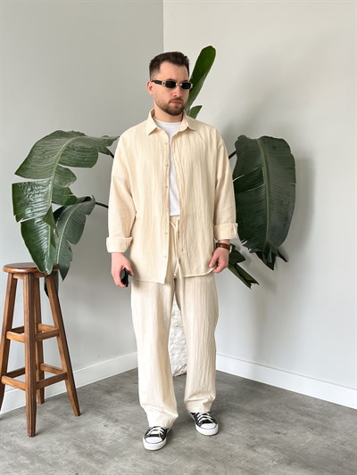 Krem Krinkıl Keten Oversize Takım