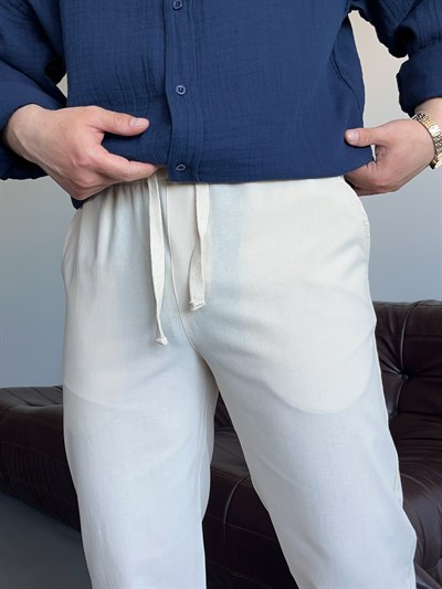 Krem Lizalı Pamuk Keten Baggy Pantolon
