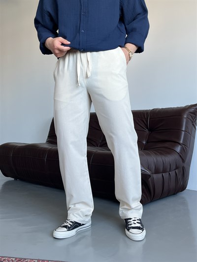 Krem Lizalı Pamuk Keten Baggy Pantolon