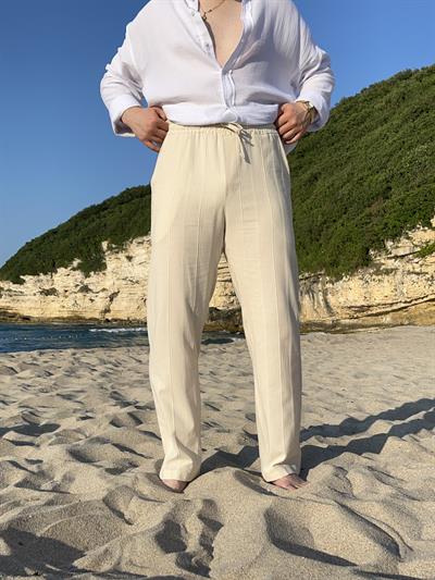 Krem Örgü Desen Keten Baggy Pantolon