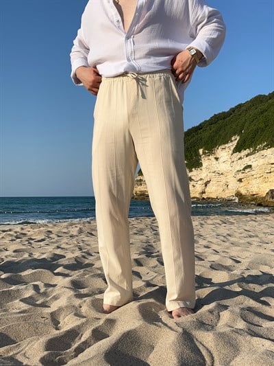 Krem Örgü Desen Keten Baggy Pantolon