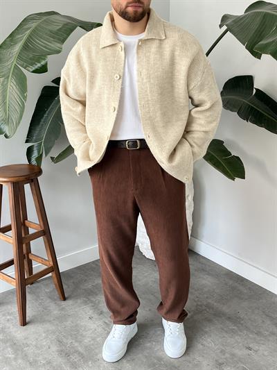 Krem Örme Düğmeli Polo Yaka Oversize Hırka
