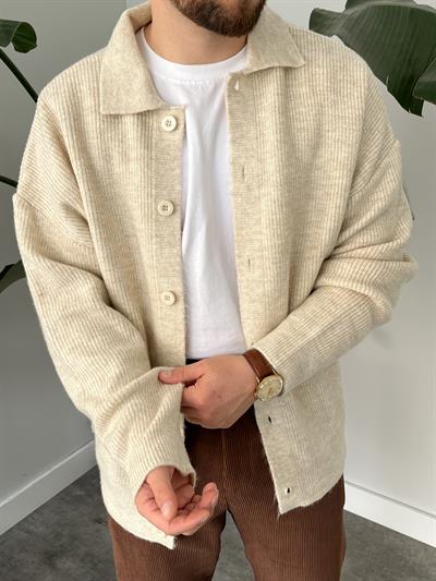 Krem Örme Düğmeli Polo Yaka Oversize Hırka