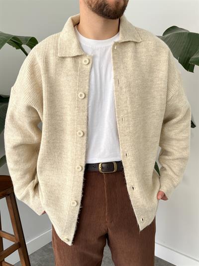 Krem Örme Düğmeli Polo Yaka Oversize Hırka