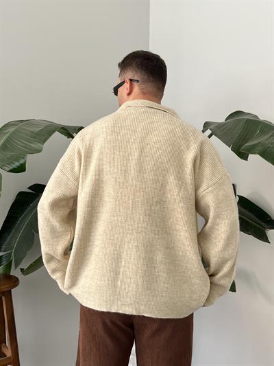Krem Örme Düğmeli Polo Yaka Oversize Hırka