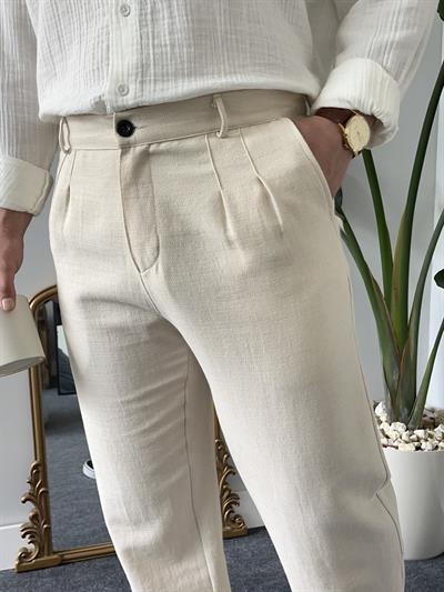 Krem Pileli Baggy Keten Pantolon
