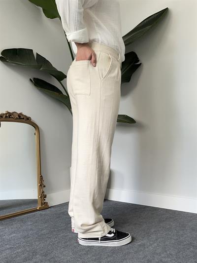 Krem Pileli Baggy Keten Pantolon