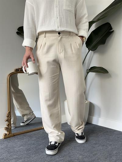 Krem Pileli Baggy Keten Pantolon
