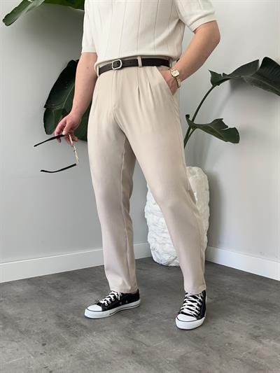 Krem Pileli Boyfriend Kumaş Pantolon