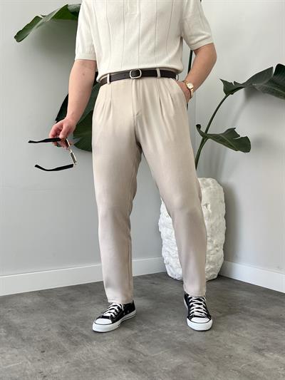 Krem Pileli Boyfriend Kumaş Pantolon