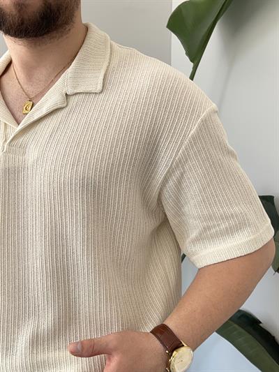Krem Polo Yaka Örme Triko T-shirt